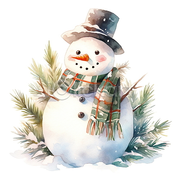 포근함 사람없음 JPG 일러스트 겨울 눈(날씨) 눈사람 동화 모자(잡화) 수채화(물감) 잎 크리스마스 털목도리