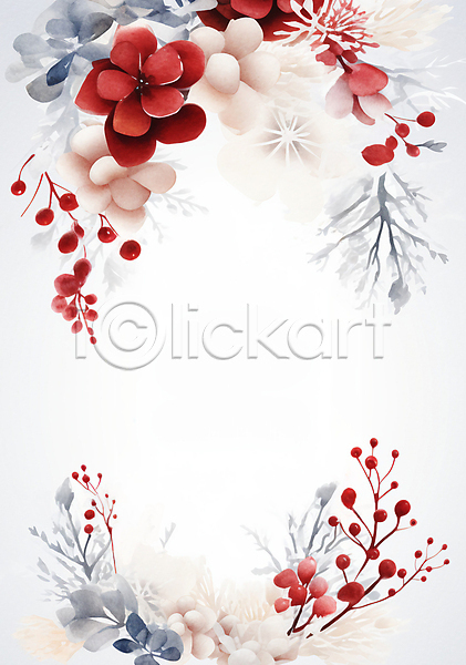 사람없음 JPG 일러스트 겨울 백그라운드 빨간색 수채화(물감) 열매 잎 카피스페이스 포인세티아 프레임 흰색