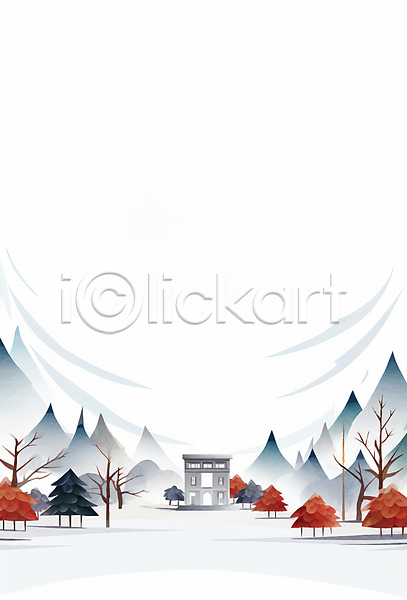 사람없음 JPG 일러스트 건물 겨울 나무 눈(날씨) 백그라운드 산 수채화(물감) 카피스페이스 풍경(경치) 흰색