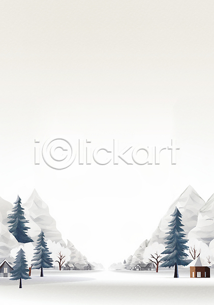 사람없음 JPG 일러스트 겨울 나무 눈(날씨) 백그라운드 산장 설산 설원 수채화(물감) 오두막 카피스페이스 풍경(경치) 흰색