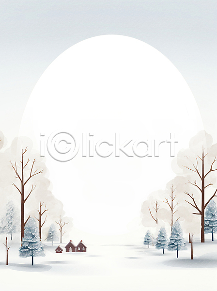 사람없음 JPG 일러스트 겨울 나무 눈(날씨) 눈덮임 백그라운드 산장 설원 수채화(물감) 오두막 주택 카피스페이스 풍경(경치) 프레임 흰색