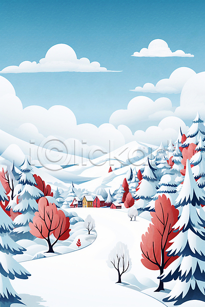 사람없음 JPG 일러스트 겨울 구름(자연) 길 나무 눈(날씨) 맑음 백그라운드 설산 수채화(물감) 주택 풍경(경치) 프레임 하늘 하늘색