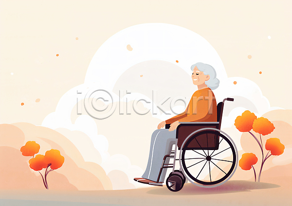 복지 산책 평화 노년 노인여자한명만 여자 한명 JPG 일러스트 건강관리 극복 나무 명상 앉기 전신 주황색 치료 치매 치매예방 할머니 휠체어