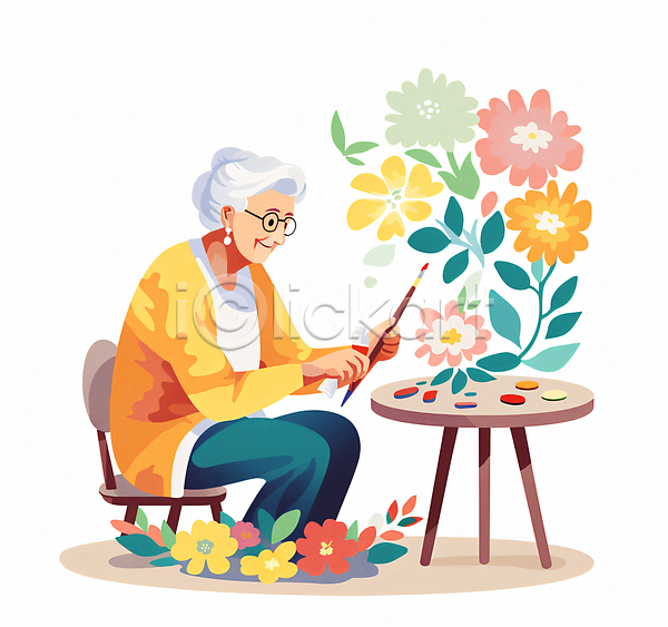 복지 노년 노인여자한명만 여자 한명 JPG 일러스트 건강관리 그리기 극복 꽃 물감 미술 미술치료 안경낌 앉기 의자 전신 치료 치매 치매예방 탁자 할머니