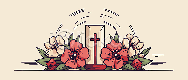 사람없음 JPG 일러스트 기독교 꽃 빨간색 십자가 아이보리 잎 종교용품