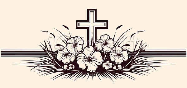 사람없음 JPG 일러스트 기독교 꽃 라인아트 십자가 아이보리 종교용품