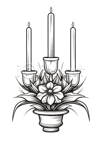 사람없음 JPG 일러스트 검은색 기독교 꽃 라인아트 종교용품 촛대 촛불 화분 흰색