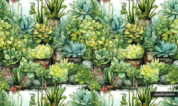사람없음 PSD 일러스트 다양 다육식물 조약돌 초록색 패턴 화분