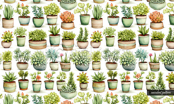 사람없음 PSD 일러스트 다양 다육식물 초록색 패턴 화분