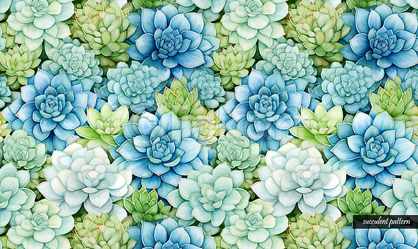 사람없음 PSD 일러스트 다양 다육식물 초록색 파란색 패턴