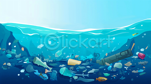 사람없음 JPG 일러스트 바다 바닷속 바위(돌) 병(담는) 비닐 어류 파란색 폐기물 폐사 플라스틱 해양쓰레기 해양오염 해초 환경