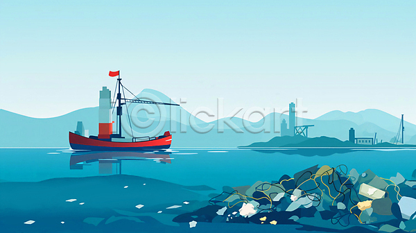 사람없음 JPG 일러스트 바다 배(교통) 섬 원자력발전소 청록색 폐기물 폐수 플라스틱 해양쓰레기 해양오염 환경
