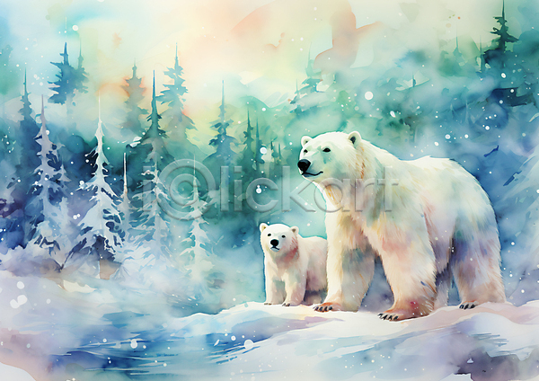 사람없음 JPG 일러스트 겨울 나무 두마리 북극 북극곰 빙하 새끼 수채화(물감) 컬러풀 하늘