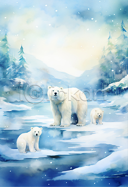 사람없음 JPG 일러스트 겨울 나무 북극 북극곰 빙하 새끼 세마리 수채화(물감) 파란색 하늘