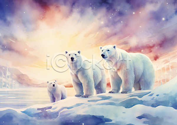 사람없음 JPG 일러스트 겨울 구름(자연) 북극 북극곰 빙하 새끼 세마리 수채화(물감) 컬러풀 하늘