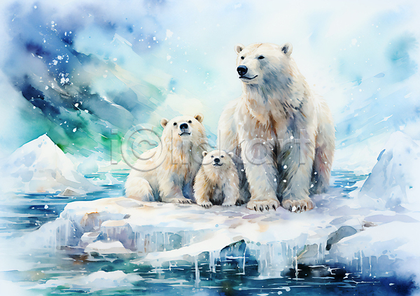 사람없음 JPG 일러스트 겨울 북극 북극곰 빙하 새끼 세마리 수채화(물감) 하늘