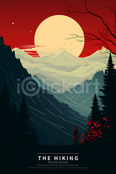사람 성인 성인한명만 한명 PSD 디지털합성 편집이미지 나뭇가지 디자인 빨간색 산 자연 전신 태양 포스터 풍경(경치) 하늘 하이킹