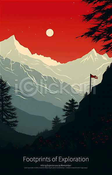사람없음 PSD 디지털합성 편집이미지 검은색 깃발 달 디자인 빨간색 산 자연 포스터 풍경(경치) 하늘 하이킹