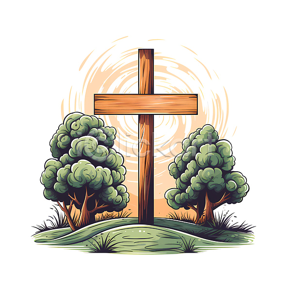 사람없음 JPG 일러스트 기독교 나무 십자가 초원(자연)