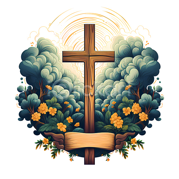 사람없음 JPG 일러스트 기독교 꽃 나무 리본 십자가 카피스페이스