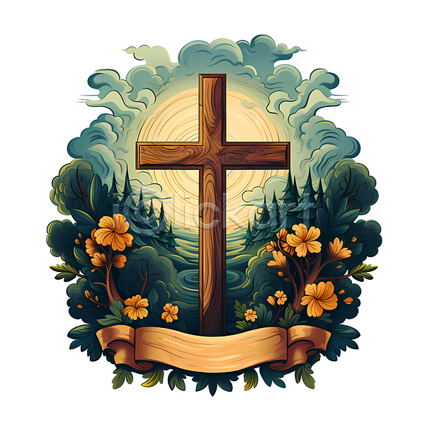 사람없음 JPG 일러스트 구름(자연) 기독교 꽃 나무 리본 십자가 카피스페이스