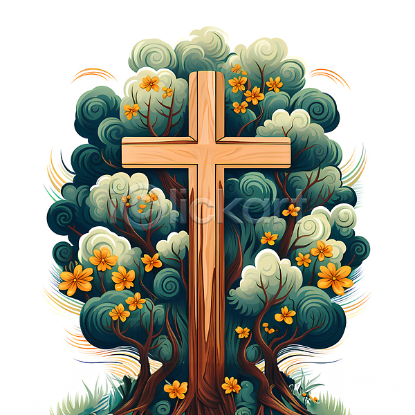 사람없음 JPG 일러스트 기독교 꽃 나무 십자가