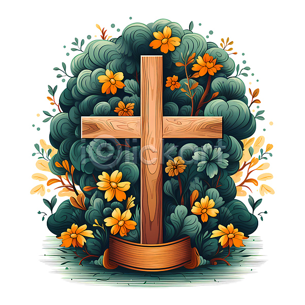 사람없음 JPG 일러스트 기독교 꽃 나무 리본 십자가 카피스페이스