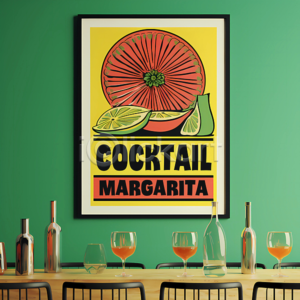 빈티지 사람없음 PSD 디지털합성 편집이미지 마르가리타 술병 술잔 액자 음료 주류 칵테일 탁자 포스터