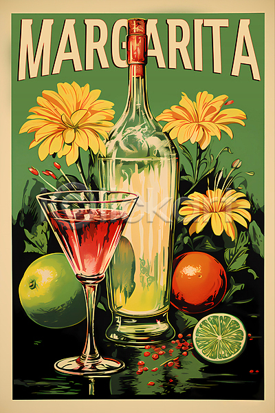 빈티지 사람없음 PSD 디지털합성 편집이미지 꽃 라임 마르가리타 술병 술잔 음료 주류 칵테일 포스터