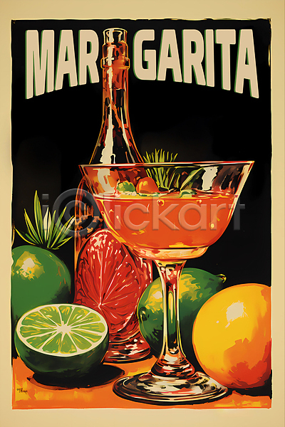 빈티지 사람없음 PSD 디지털합성 편집이미지 라임 마르가리타 술병 술잔 음료 주류 칵테일 포스터