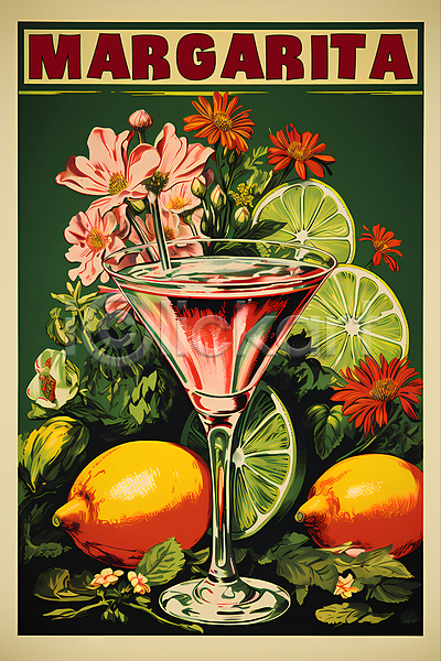 빈티지 사람없음 PSD 디지털합성 편집이미지 꽃 라임 레몬 마르가리타 술잔 음료 주류 칵테일 포스터