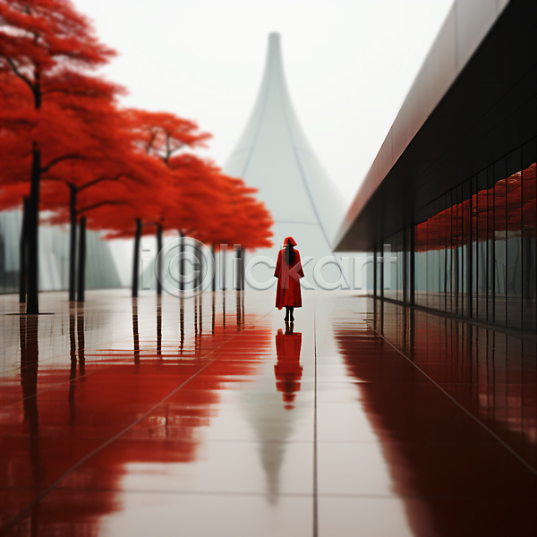 성인 성인여자한명만 여자 한명 JPG 디지털합성 편집이미지 건물 건축 공간 나무 반사 빨간색 스페이스 전신