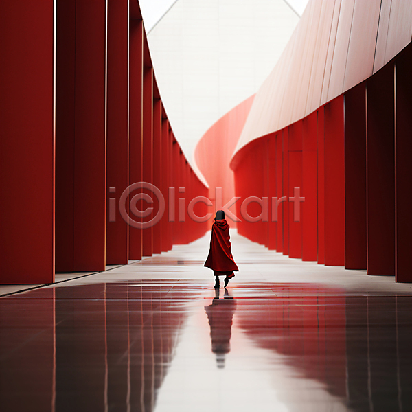 성인 성인여자한명만 여자 한명 JPG 디지털합성 편집이미지 건물 건축 공간 반사 빨간색 스페이스 전신