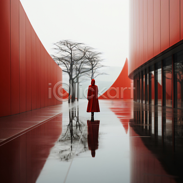 성인 성인여자한명만 여자 한명 JPG 디지털합성 편집이미지 건물 건축 공간 나무 반사 빨간색 스페이스 전신