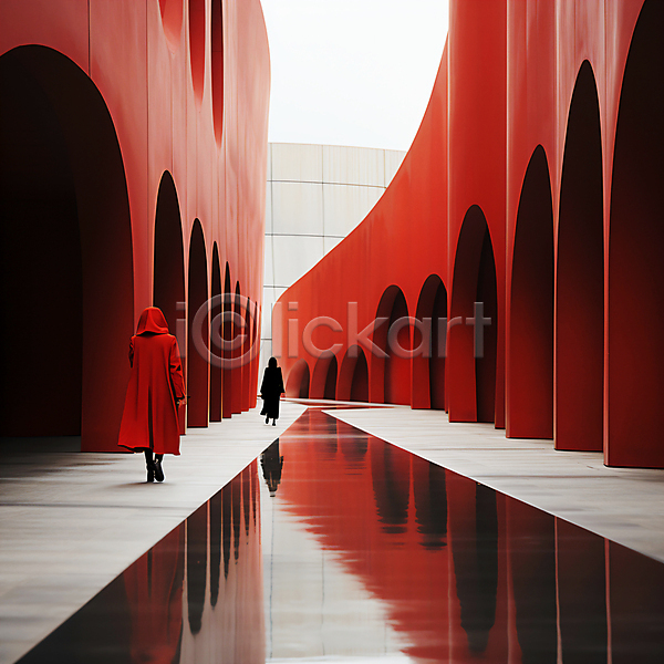 두명 성인 성인여자만 여자 JPG 디지털합성 편집이미지 건물 건축 공간 반사 빨간색 스페이스 전신