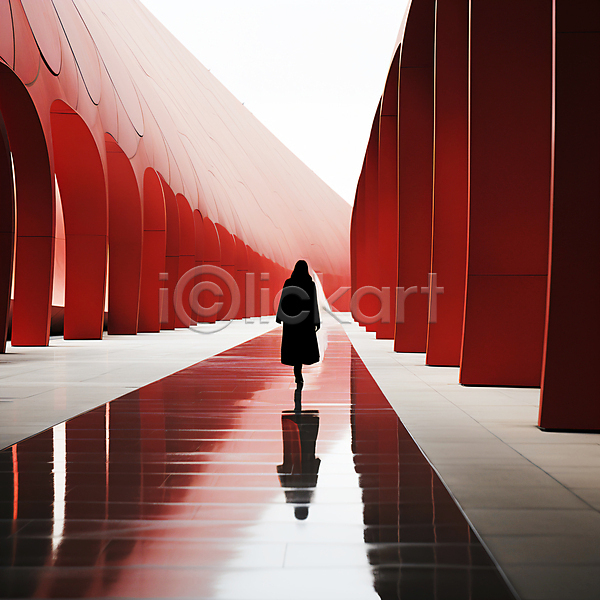 성인 성인여자한명만 여자 한명 JPG 디지털합성 편집이미지 건물 건축 공간 반사 빨간색 스페이스 전신