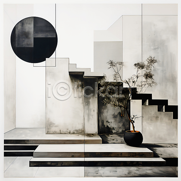 빈티지 사람없음 JPG 디지털합성 편집이미지 검은색 계단 공간 그런지 디자인 아이보리 원형 질감 출입구 화분 화초