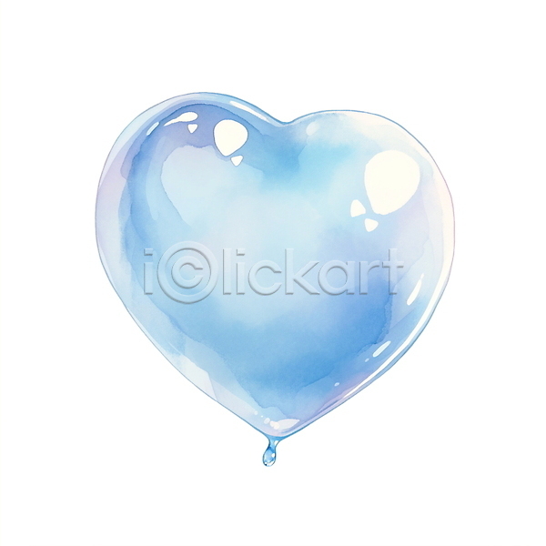 사랑 사람없음 JPG 일러스트 광택 물방울 버블 비눗방울 수채화(물감) 오브젝트 파란색 하트