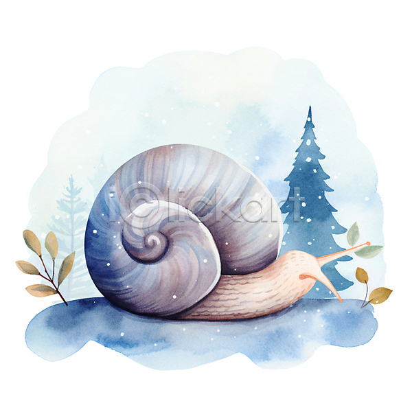 귀여움 사람없음 JPG 일러스트 겨울 겨울잠 나무 눈(날씨) 달팽이(동물) 동물 번짐 붓터치 수채화(물감) 잎 잠 파란색 풀(식물) 한마리