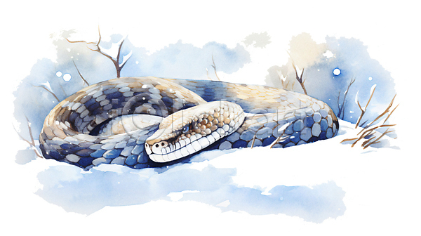 귀여움 사람없음 JPG 일러스트 겨울 겨울잠 나뭇가지 눈(날씨) 눈덮임 동물 똬리 뱀 번짐 붓터치 수채화(물감) 잠 파란색 파충류 한마리