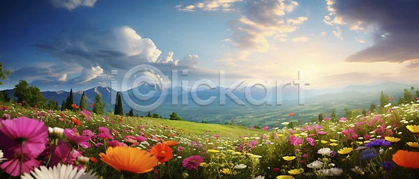 사람없음 JPG 디지털합성 편집이미지 구름(자연) 꽃밭 나무 산 자연 초원(자연) 하늘 햇빛