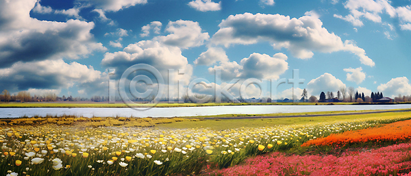 사람없음 JPG 디지털합성 편집이미지 강 구름(자연) 꽃밭 나무 맑음 자연 초원(자연) 하늘