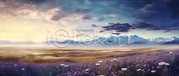 사람없음 JPG 디지털합성 편집이미지 구름(자연) 꽃밭 산 안개 일몰 자연 초원(자연) 하늘