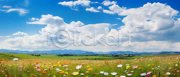 사람없음 JPG 디지털합성 편집이미지 구름(자연) 꽃밭 맑음 산 자연 초원(자연) 하늘