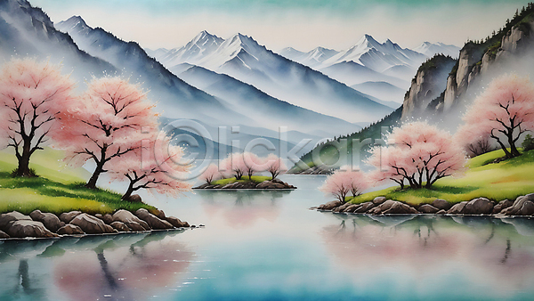 사람없음 JPG 일러스트 바위(돌) 벚나무 봄 산 수채화(물감) 자연 편집소스 풍경(경치) 호수