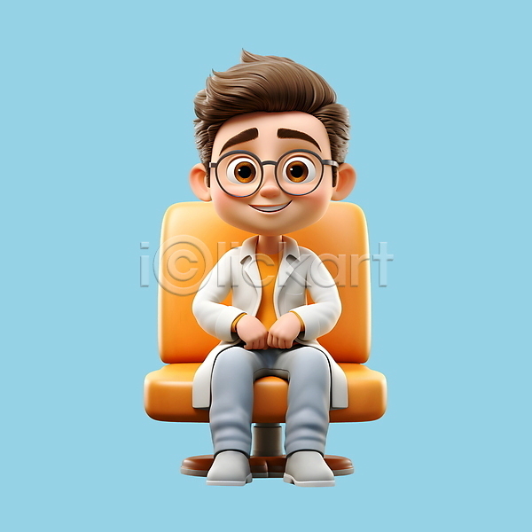 남자 성인 성인남자한명만 한명 3D PSD 편집이미지 3D캐릭터 안경낌 앉기 의사 의사가운 의자 인물캐릭터 전신 직업캐릭터