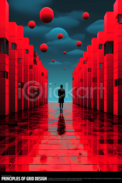 사람 한명 PSD 디지털합성 실루엣 편집이미지 격자 공간 구름(자연) 길 빨간색 사각형 원형 전신 추상 포스터