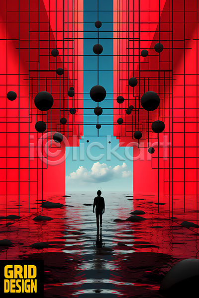 사람 한명 PSD 디지털합성 실루엣 편집이미지 격자 공간 구름(자연) 길 물결 바위(돌) 빨간색 원형 전신 추상 포스터