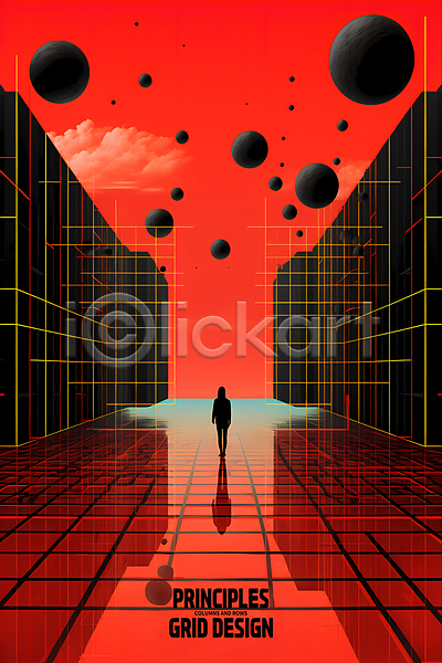 사람 한명 PSD 디지털합성 실루엣 편집이미지 격자 공간 길 빨간색 원형 전신 추상 포스터