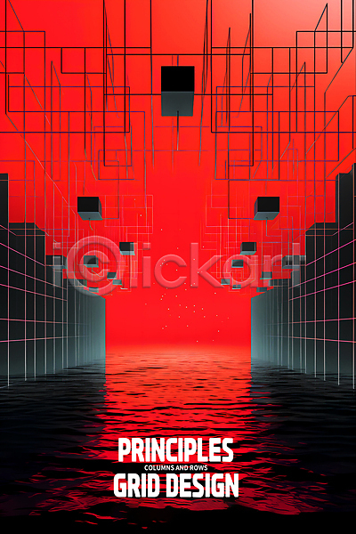 사람없음 PSD 디지털합성 실루엣 편집이미지 격자 공간 물결 바다 빨간색 사각형 추상 포스터